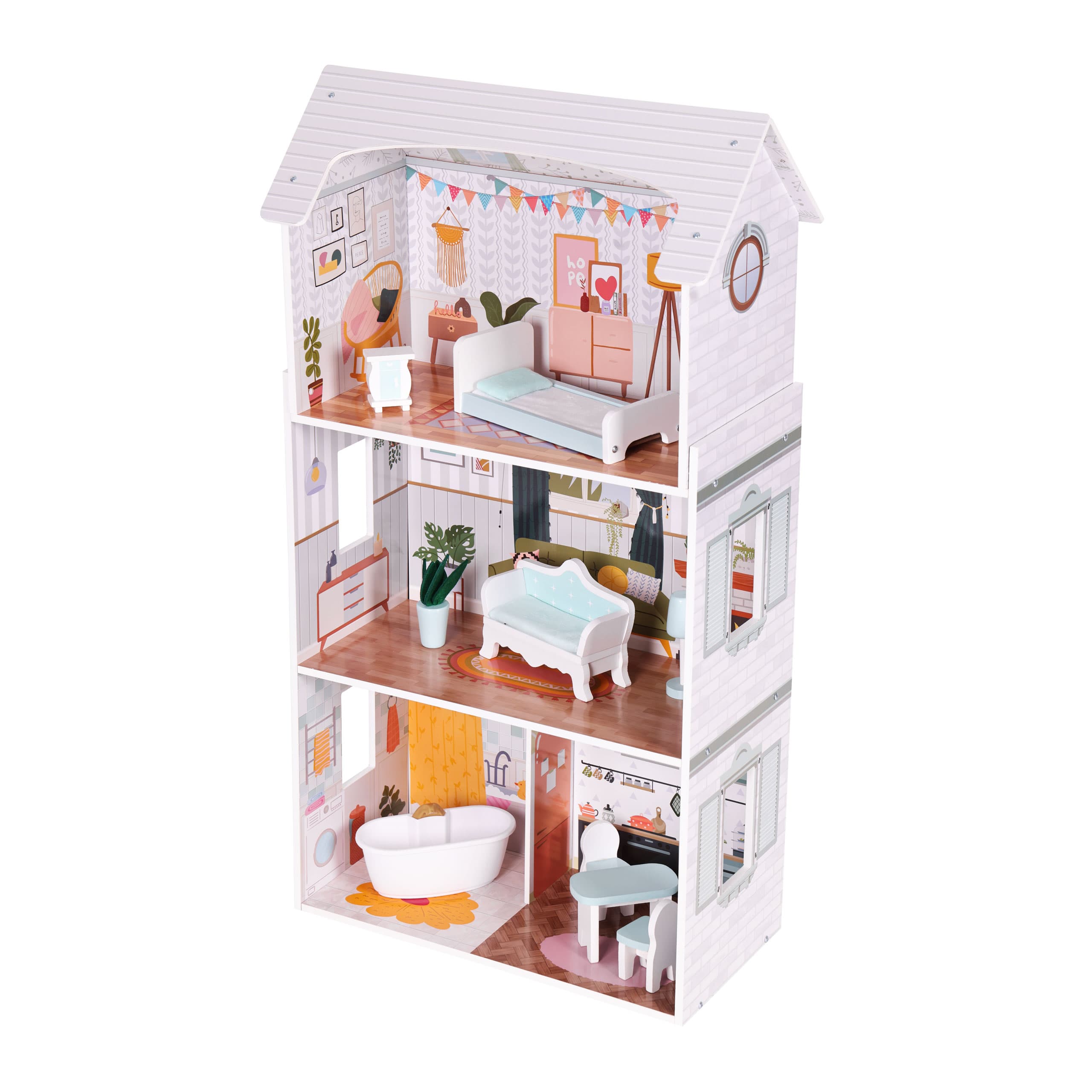 Domek dla lalek Alice 3 piętra 4 pomieszczenia komplet 9 mebelków ECOTOYS