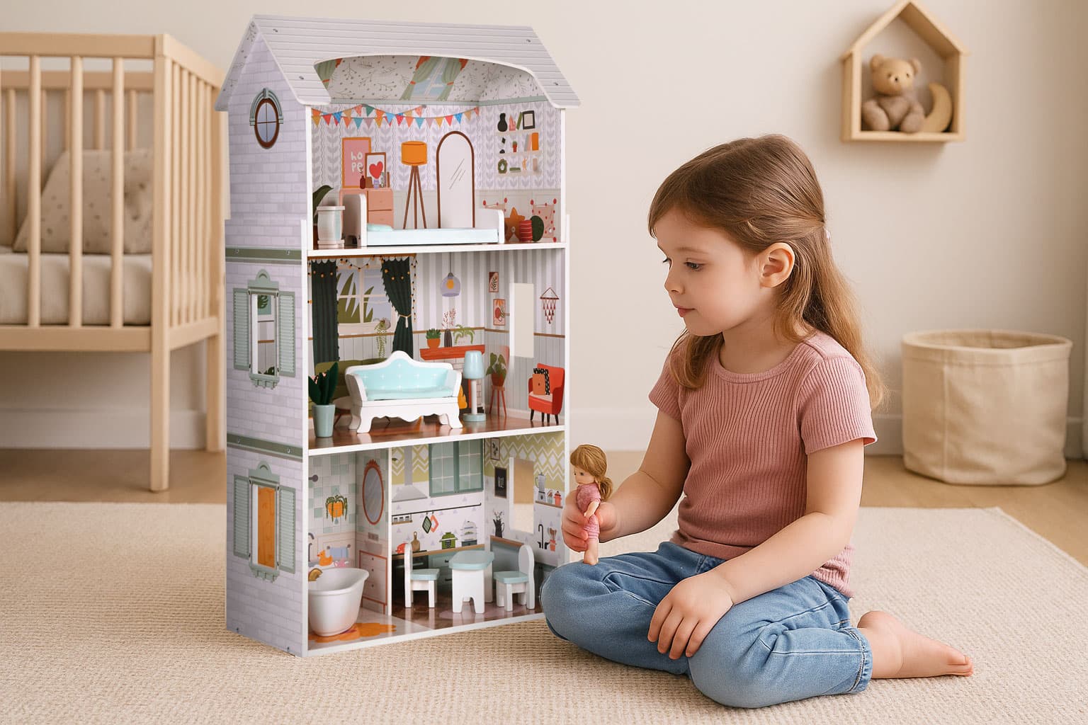 Domek dla lalek Alice 3 piętra 4 pomieszczenia komplet 9 mebelków ECOTOYS