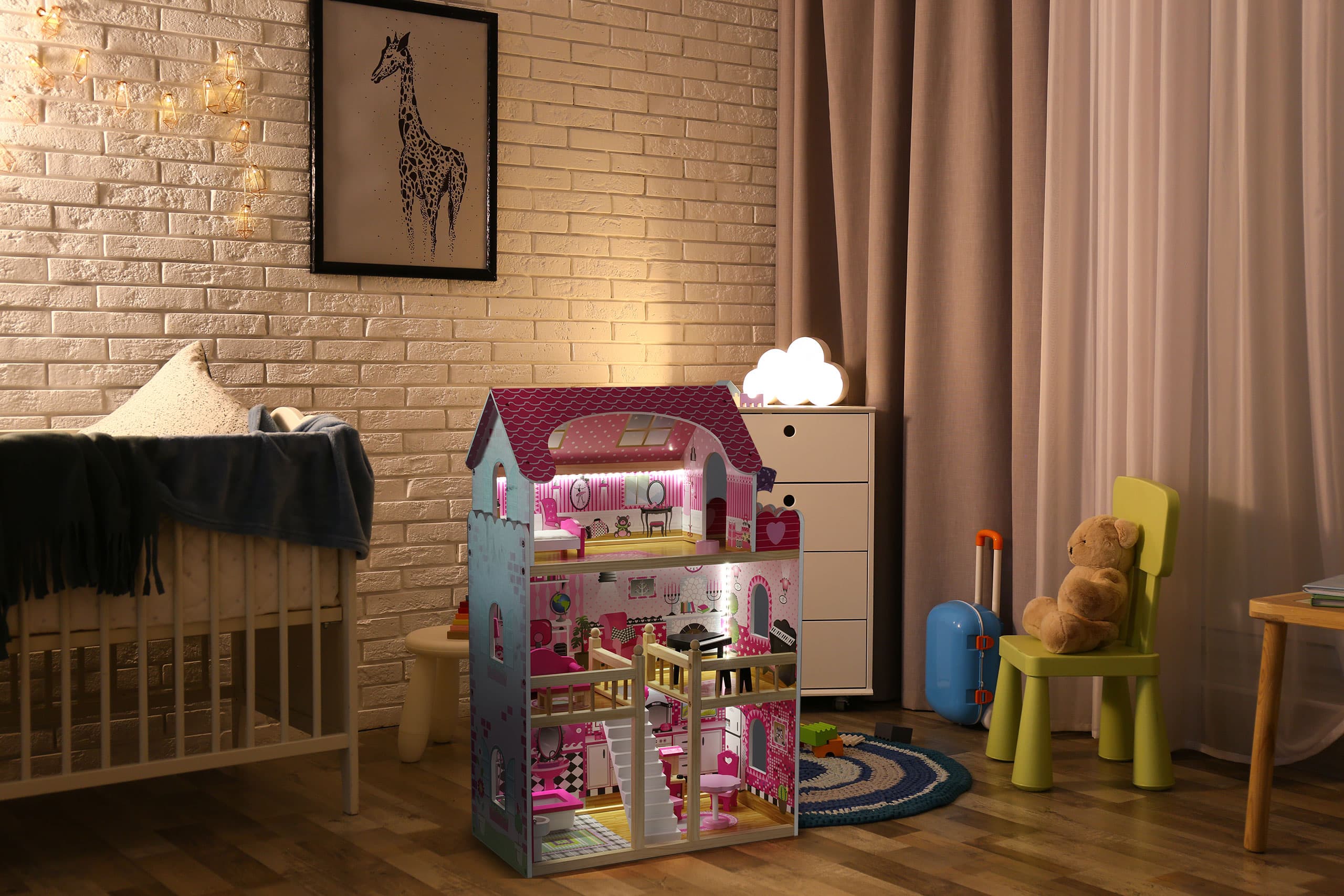 Drewniany domek dla lalek mebelki oświetlenie LED ECOTOYS