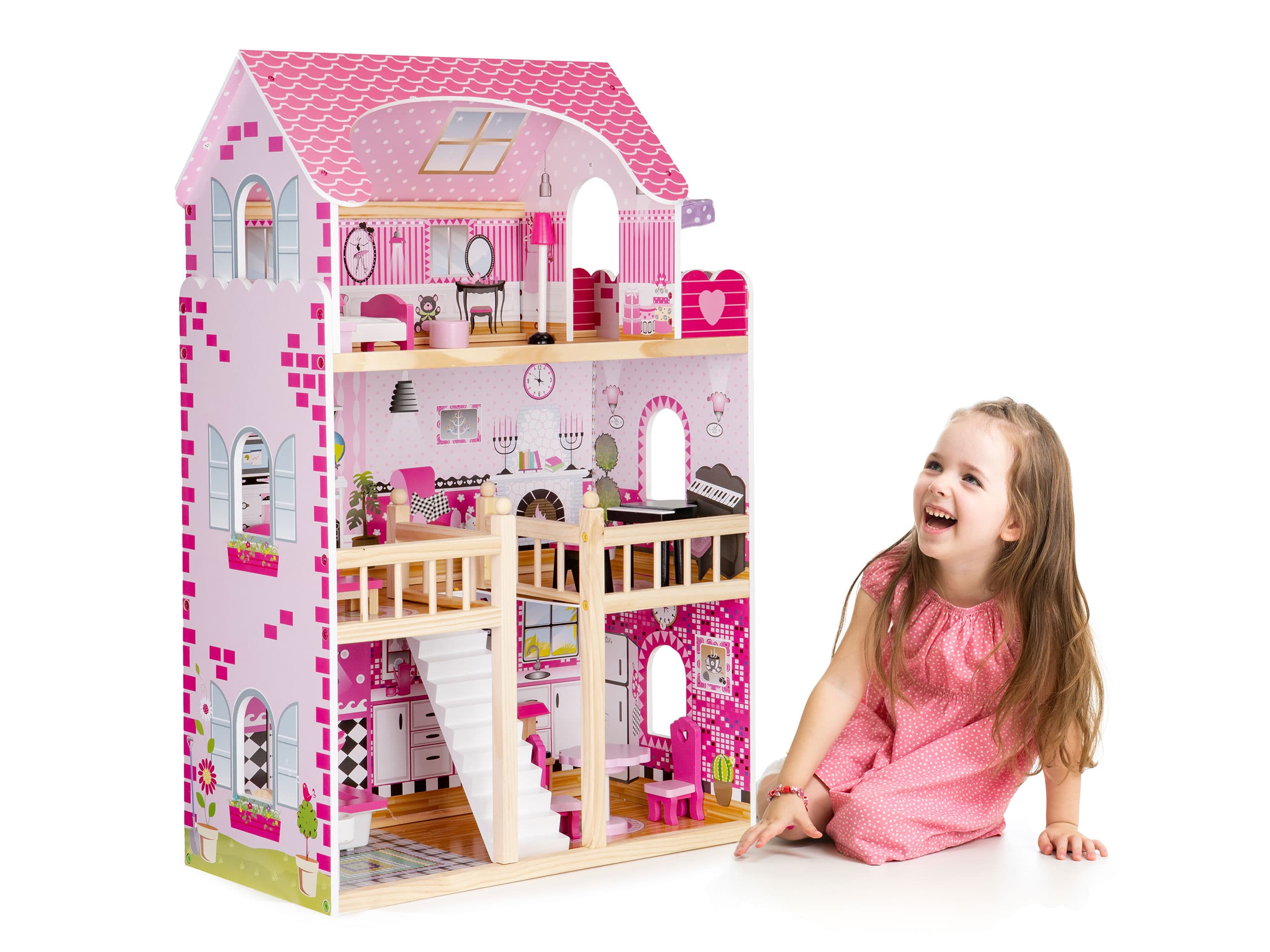 Drewniany domek dla lalek mebelki oświetlenie LED ECOTOYS