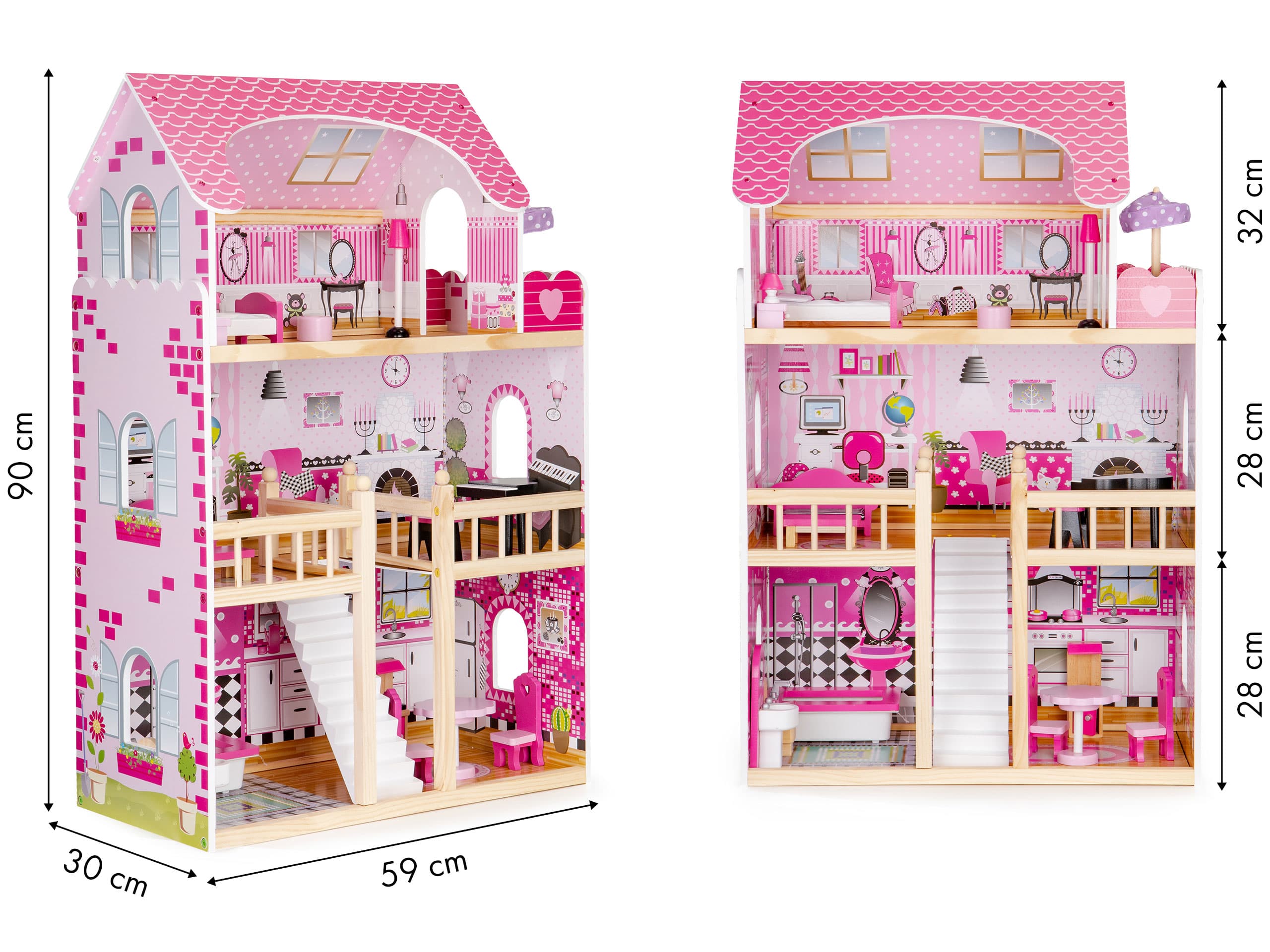 Drewniany domek dla lalek mebelki oświetlenie LED ECOTOYS