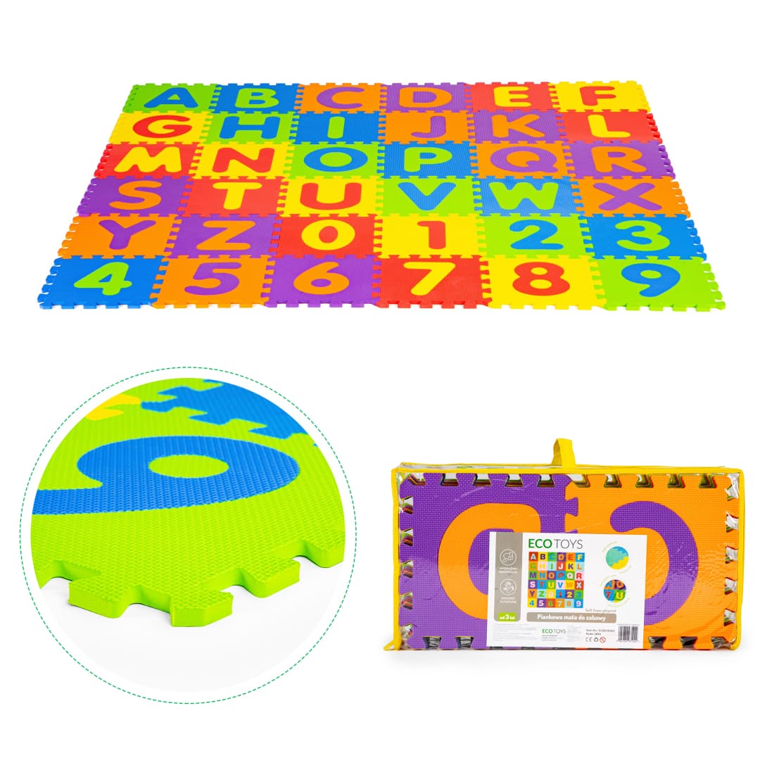 Duża mata piankowa EVA dla dzieci litery cyfry 178x178 cm 36 elementów ECOTOYS
