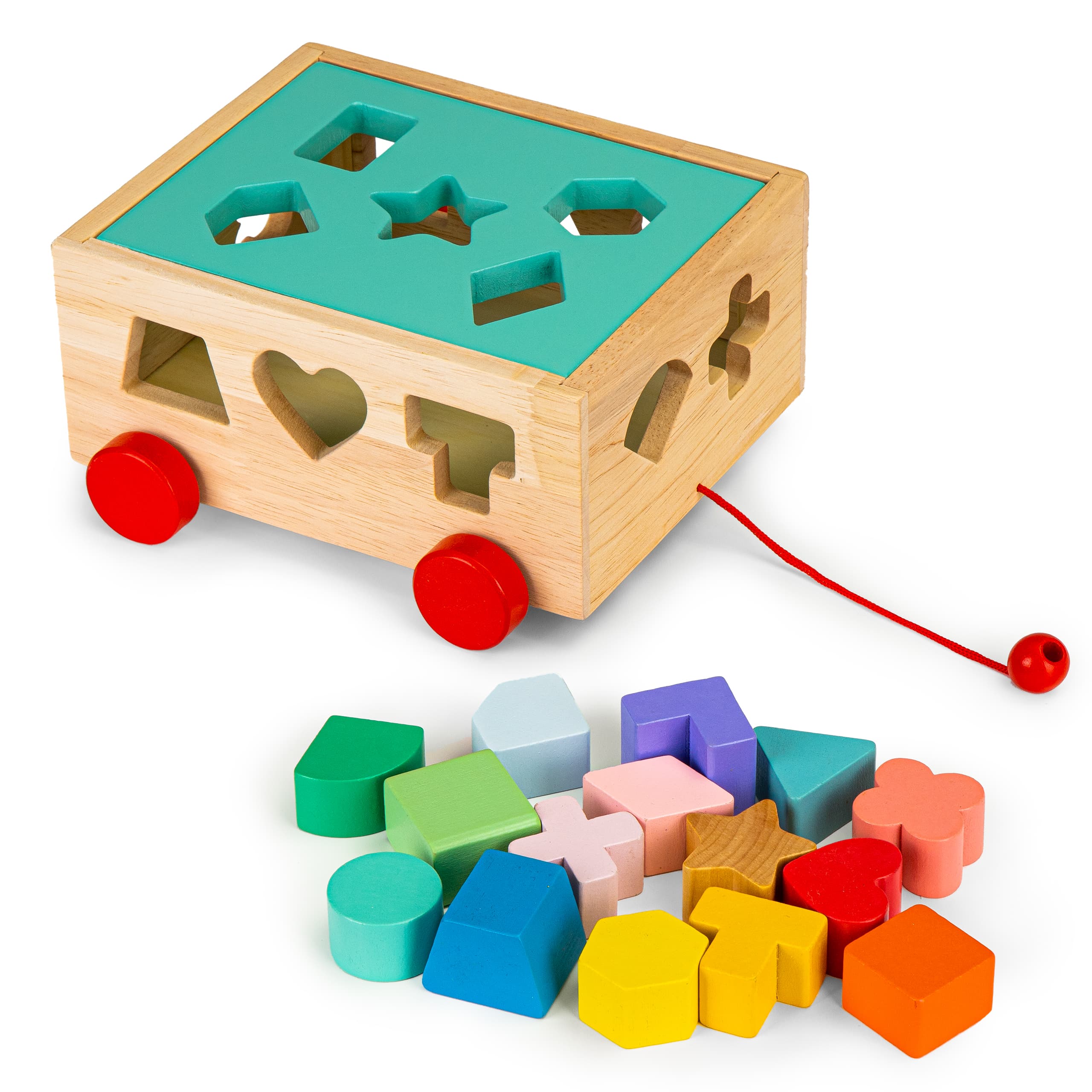 Drewniany wózek sorter z klockami kostka edukacyjna dla dzieci ECOTOYS