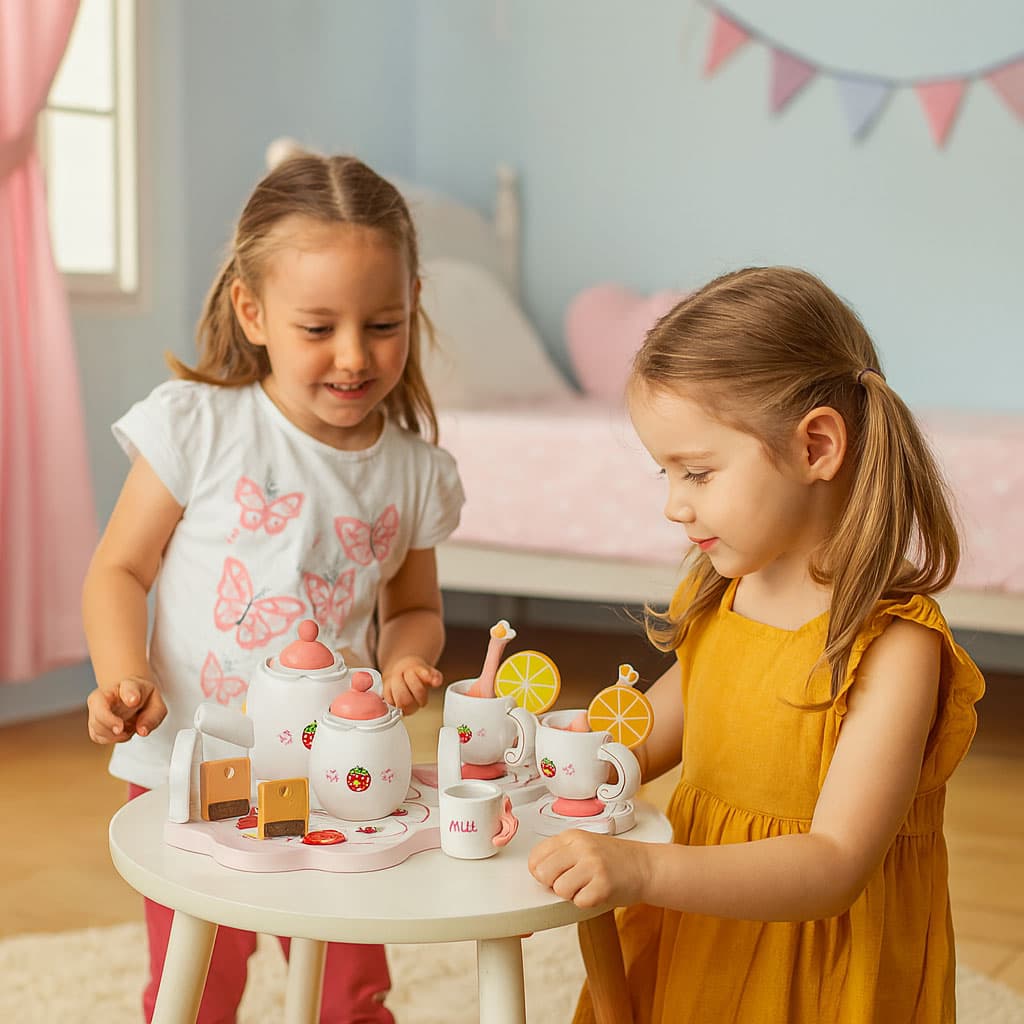 Drewniany zestaw do herbaty dzbanek filiżanki 14 elementów ECOTOYS