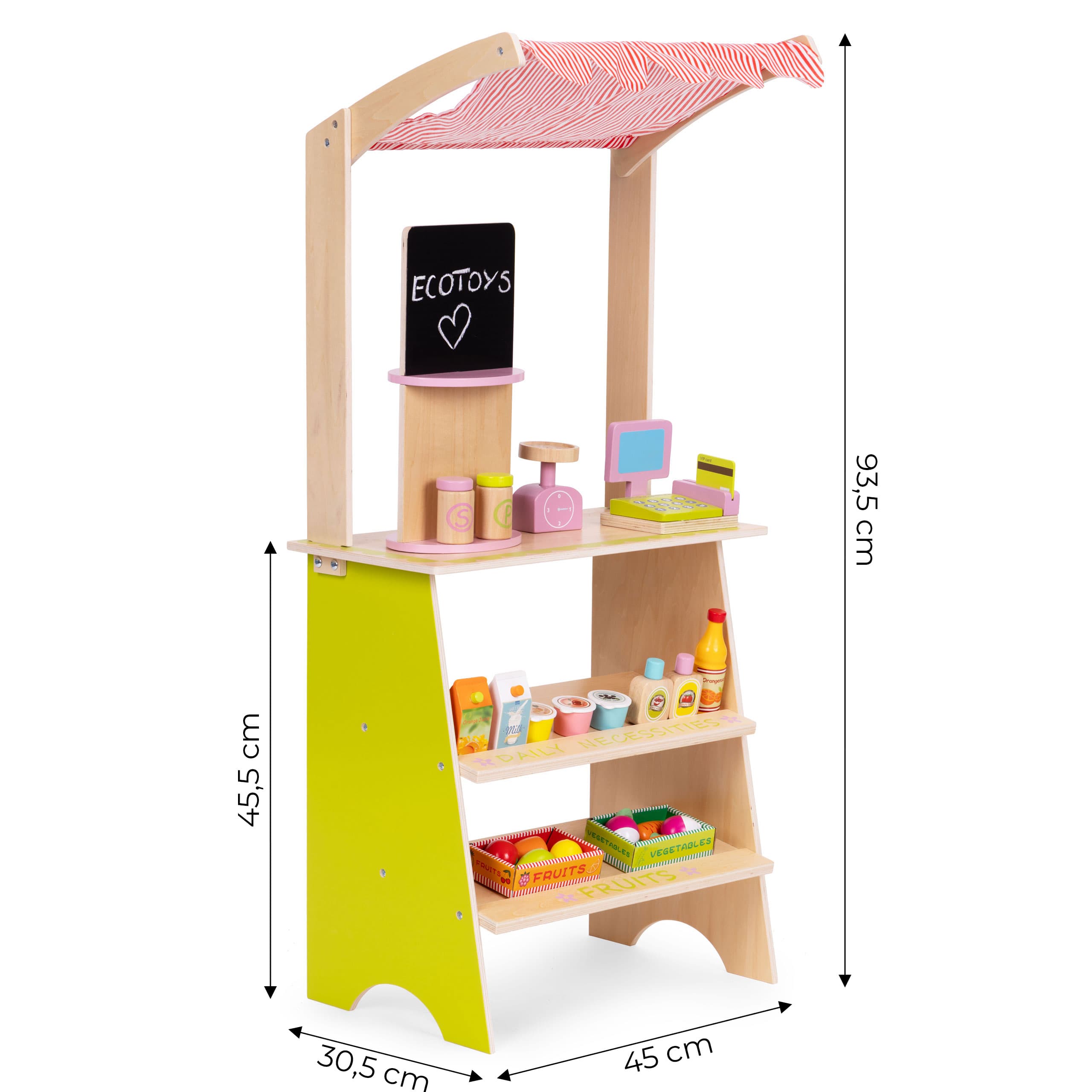 Duży drewniany stragan dla dzieci sklep z terminalem i wagą owoce warzywa 20 elementów ECOTOYS