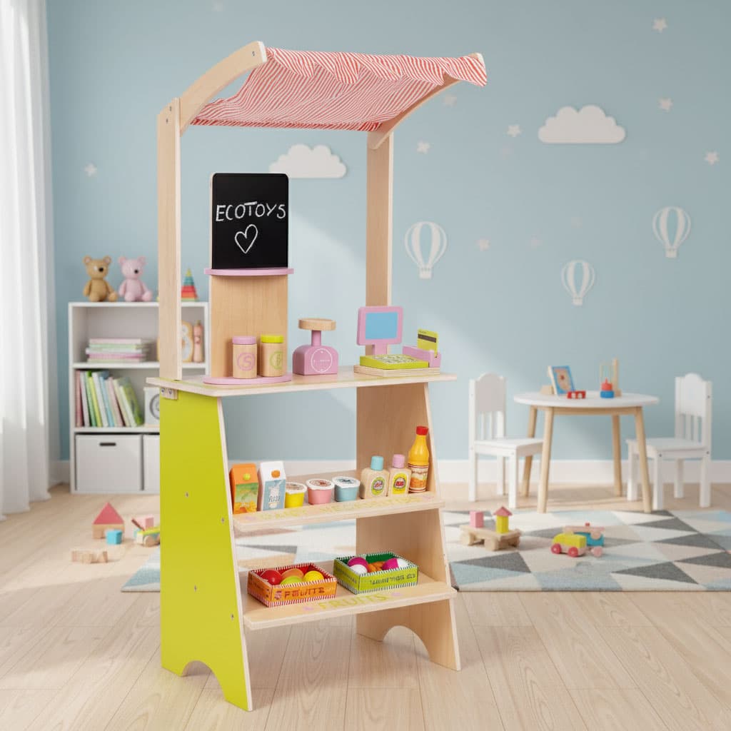 Duży drewniany stragan dla dzieci sklep z terminalem i wagą owoce warzywa 20 elementów ECOTOYS