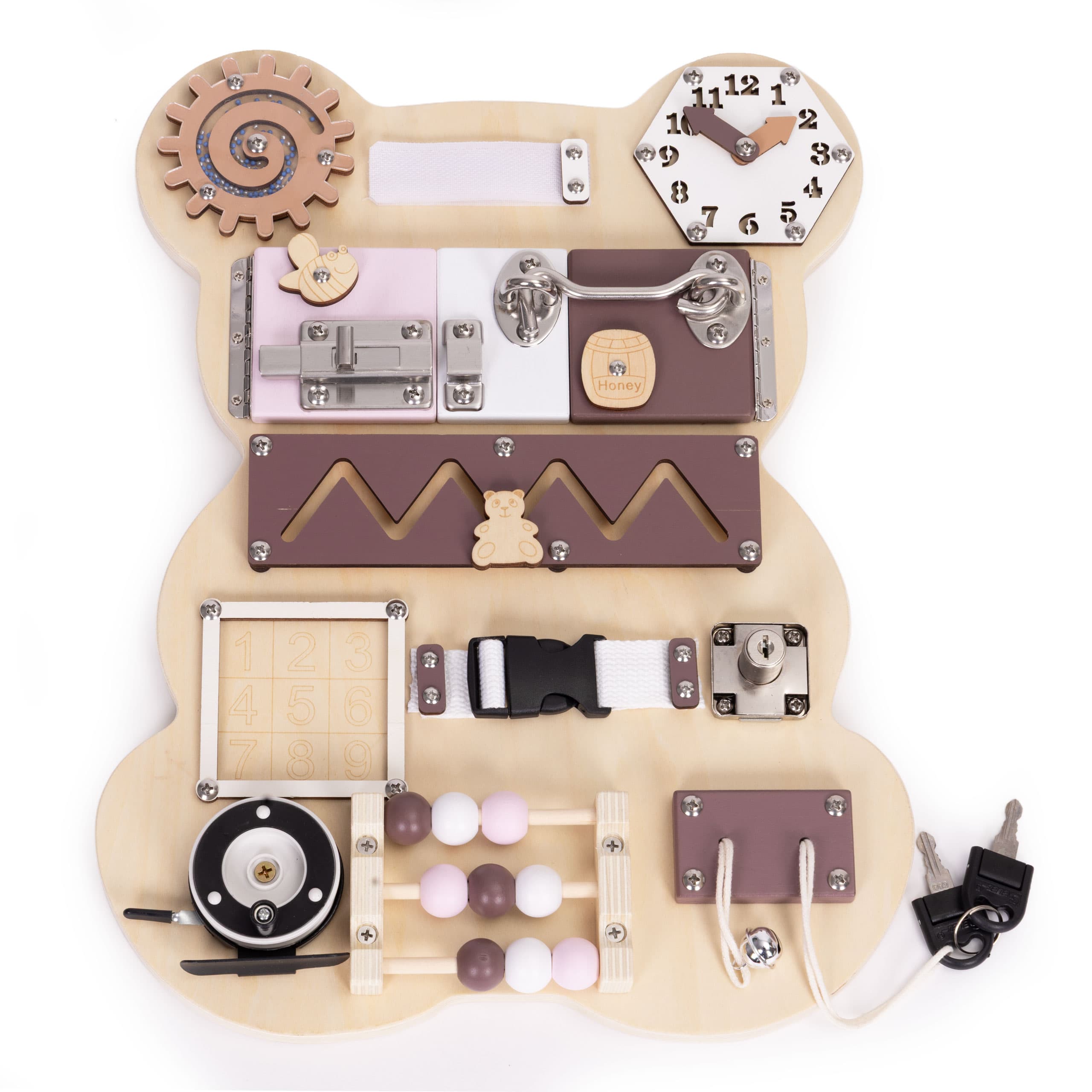 Drewniana tablica manipulacyjna sensoryczna dla dzieci panel edukacyjny miś 12 elementów ECOTOYS