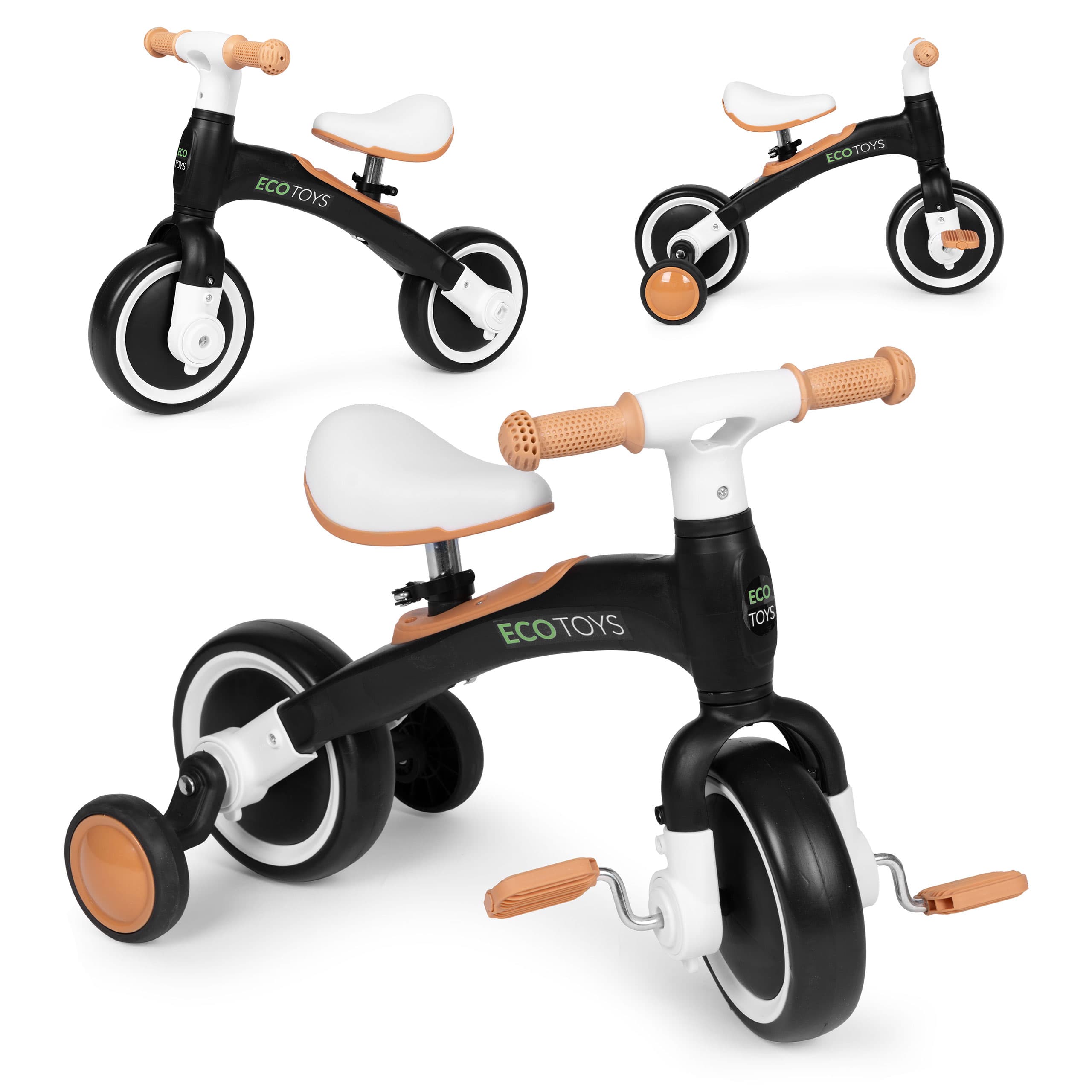 Rowerek biegowy z pedałami - treningowy kółka boczne 3w1 czarny ECOTOYS