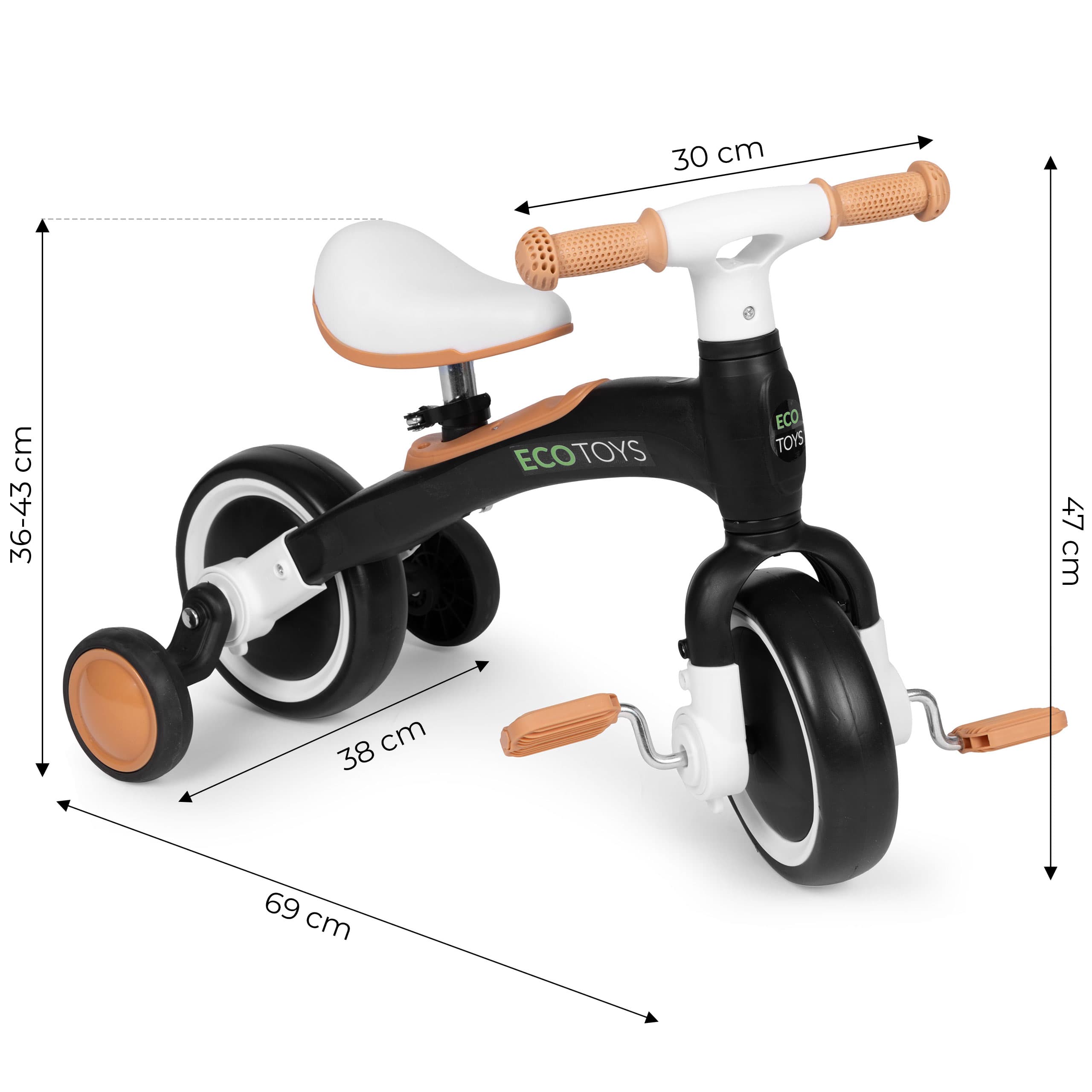 Rowerek biegowy z pedałami - treningowy kółka boczne 3w1 czarny ECOTOYS