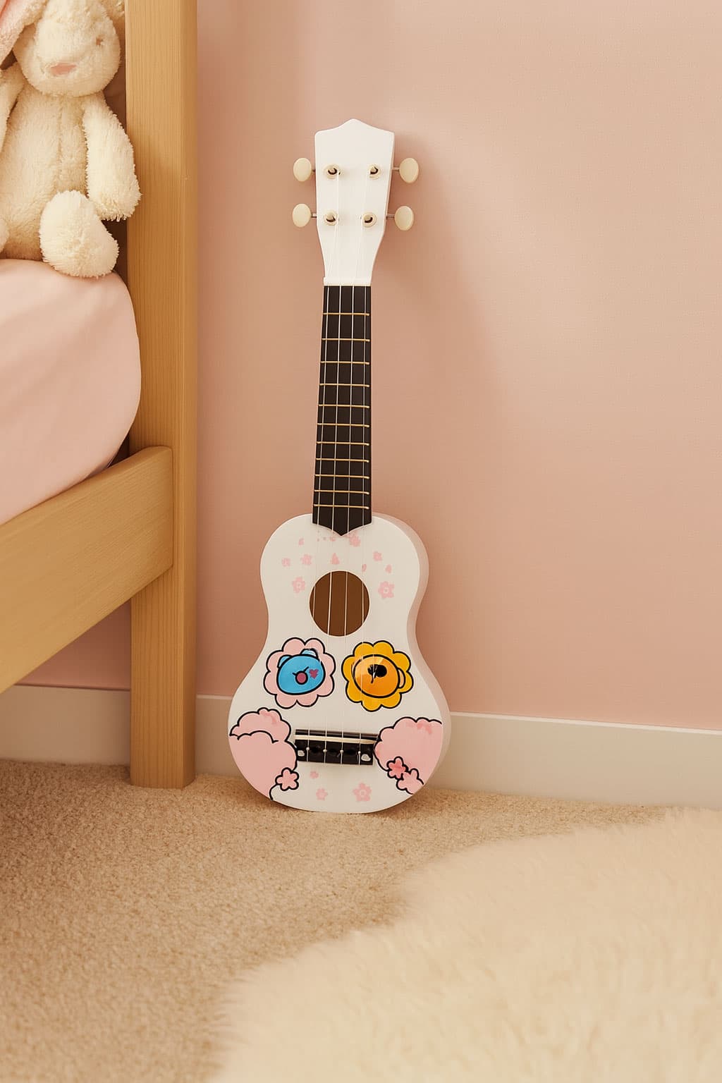 Gitara ukulele dla dzieci drewniana 4 struny nylonowe kostka do gry ECOTOYS