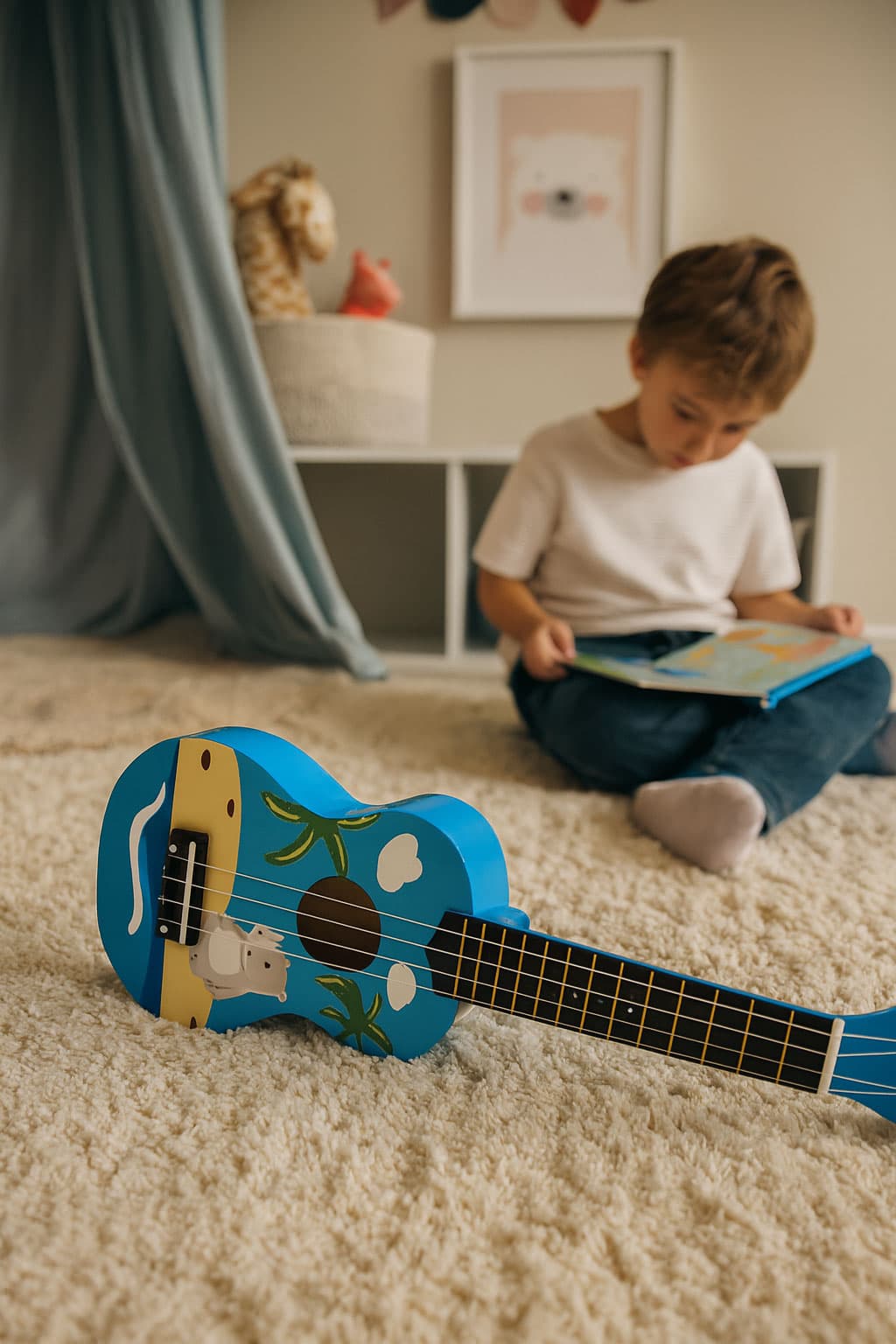 Gitara ukulele dla dzieci drewniana 4 struny nylonowe kostka do gry ECOTOYS