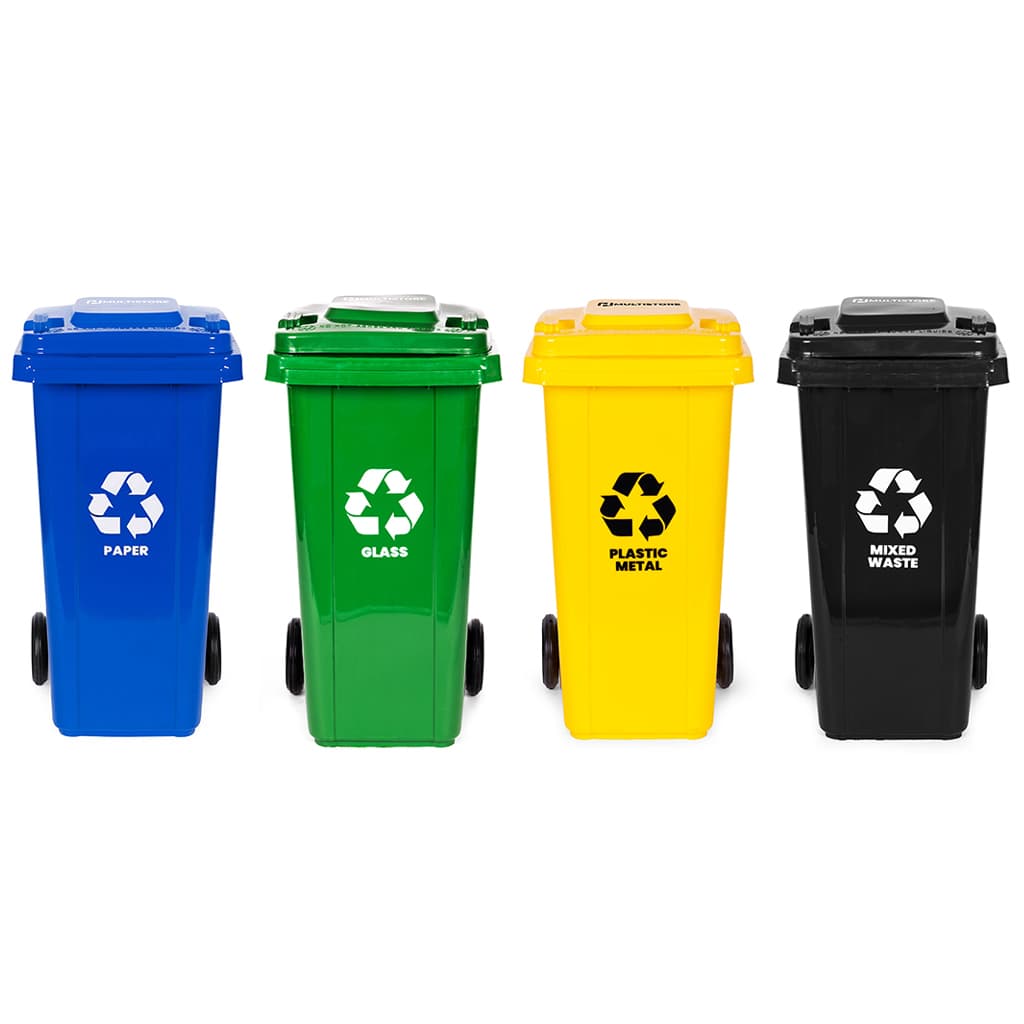 Zestaw 4 koszy na śmieci pojemniki 4x120L niebieski zielony żółty czarny makulatura szkło plastik odpady zmieszane gumowe koła