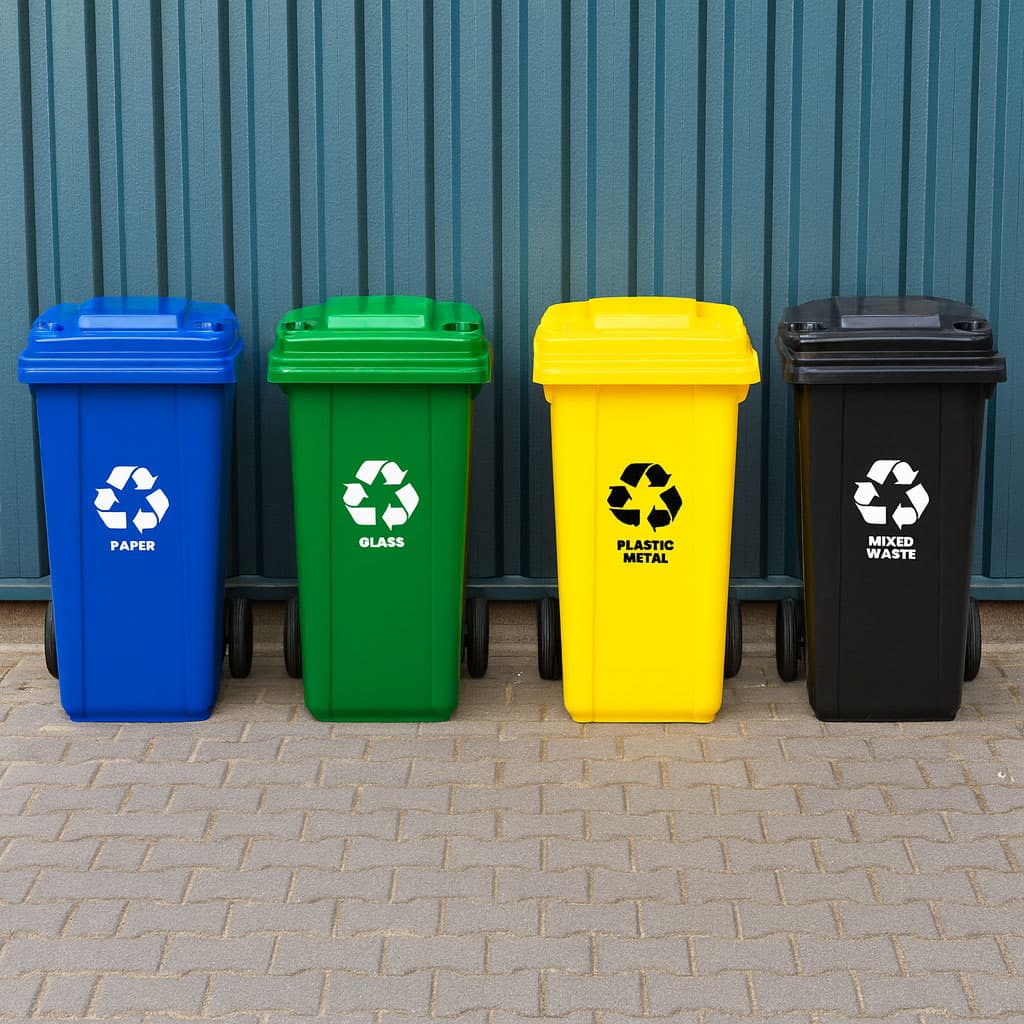 Zestaw 4 koszy na śmieci pojemniki 4x120L niebieski zielony żółty czarny makulatura szkło plastik odpady zmieszane gumowe koła