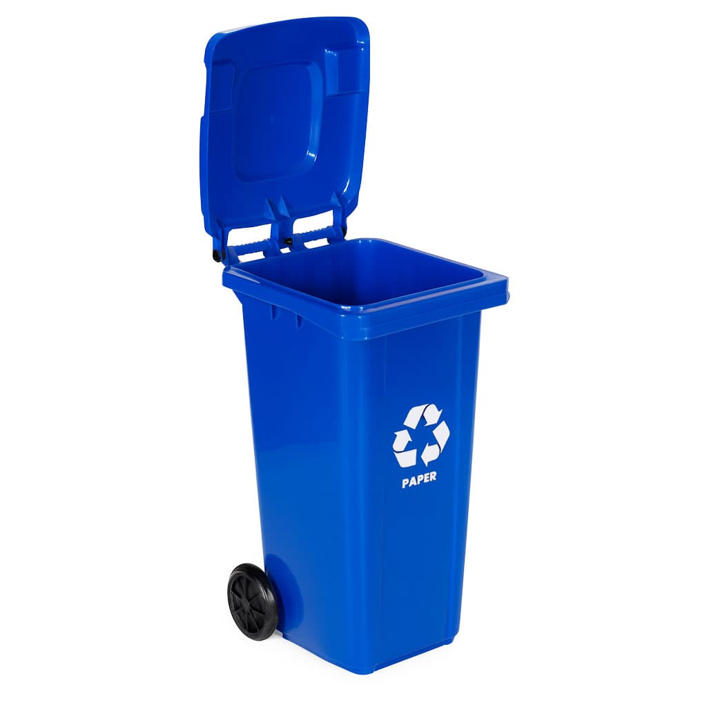 Zestaw 3 koszy na śmieci pojemniki 3x120L niebieski zielony żółty makulatura szkło plastik gumowe koła
