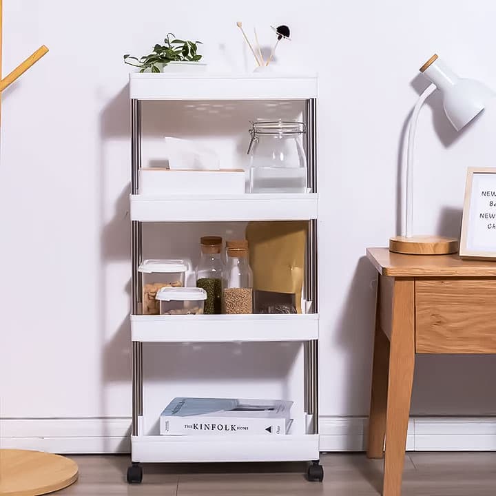 Plastikowy regał łazienkowy z 4 półkami kółka biały ModernHome