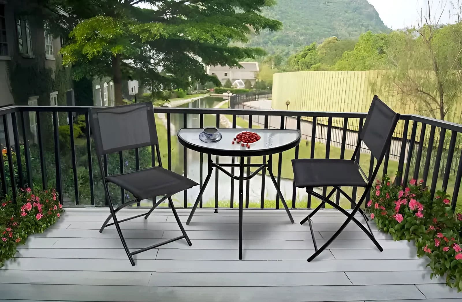 Stolik półokrągły szklany kawowy na balkon taras patio czarny MultiGarden