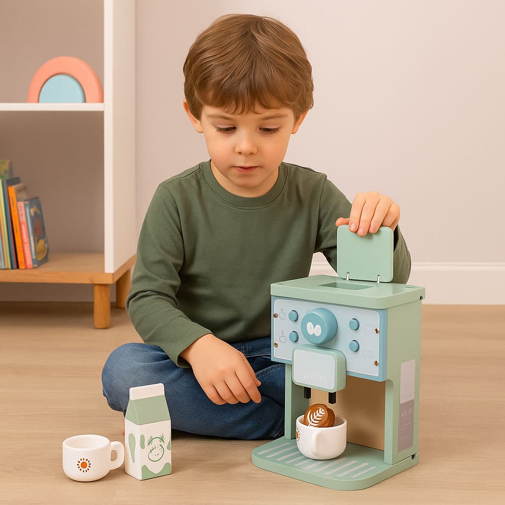 Drewniany ekspres do kawy dla dzieci zestaw baristy 8 elementów ECOTOYS