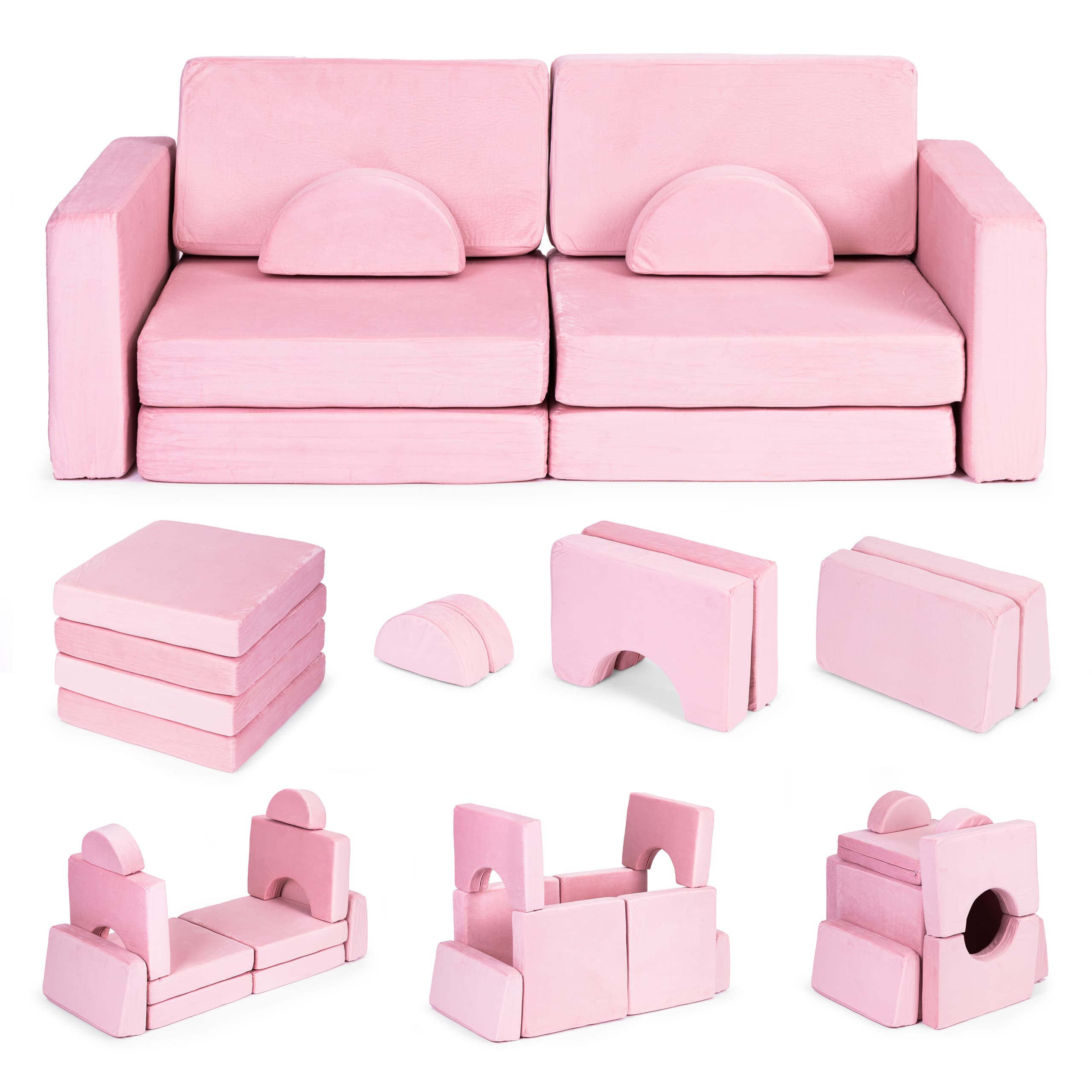 Sofa składana modułowa dla dzieci duża 2-osobowa DIY 10 miękkich poduch - różowa ECOTOYS