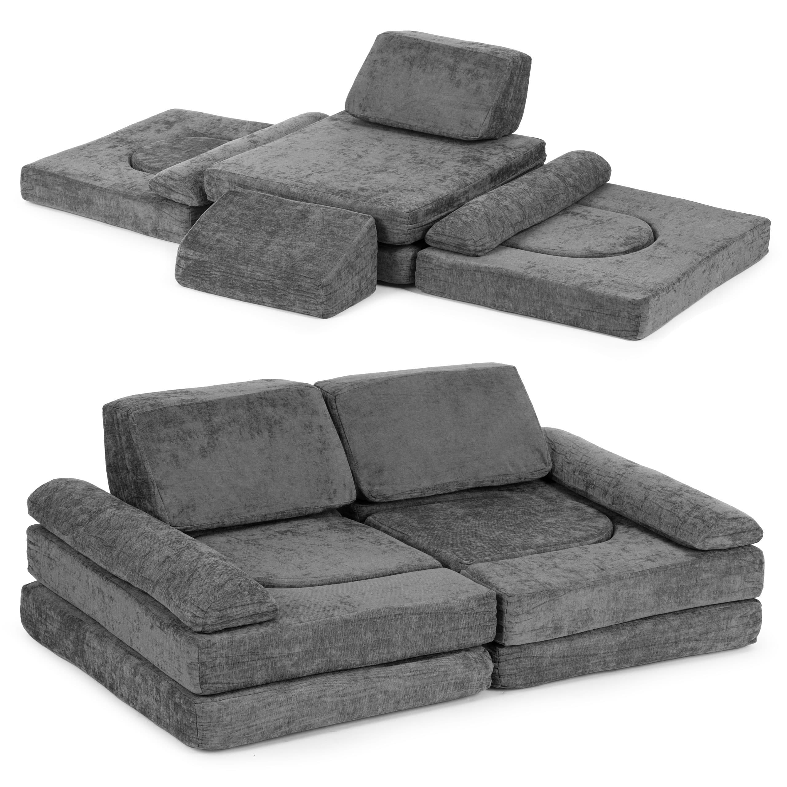 Sofa składana modułowa dla dzieci duża 2-osobowa DIY 10 miękkich poduch tkanina szenilowa - szara ECOTOYS