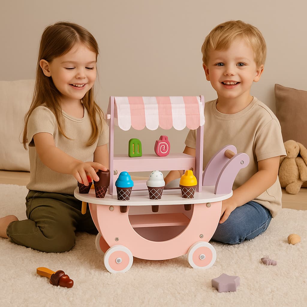 Drewniany wózek lodziarnia dla dzieci sklep 12 elementów ECOTOYS